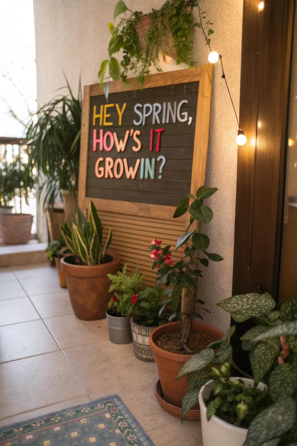 Welcome guests with a humorous nod to spring growth.
