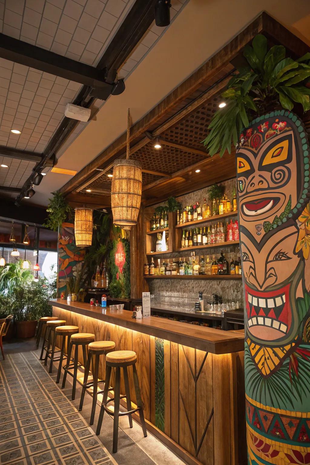 Tiki masks and tribal art enhancing bar ambiance.