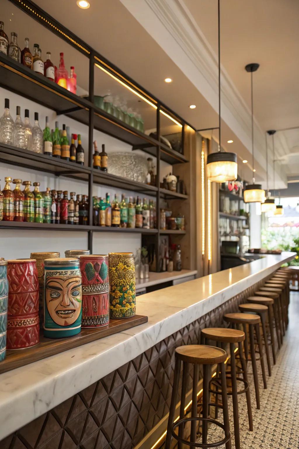 Elegant display shelves for tiki mugs and bottles.