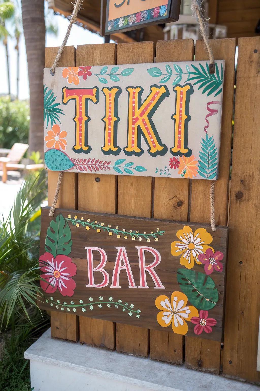 Custom tiki bar signs adding personality.