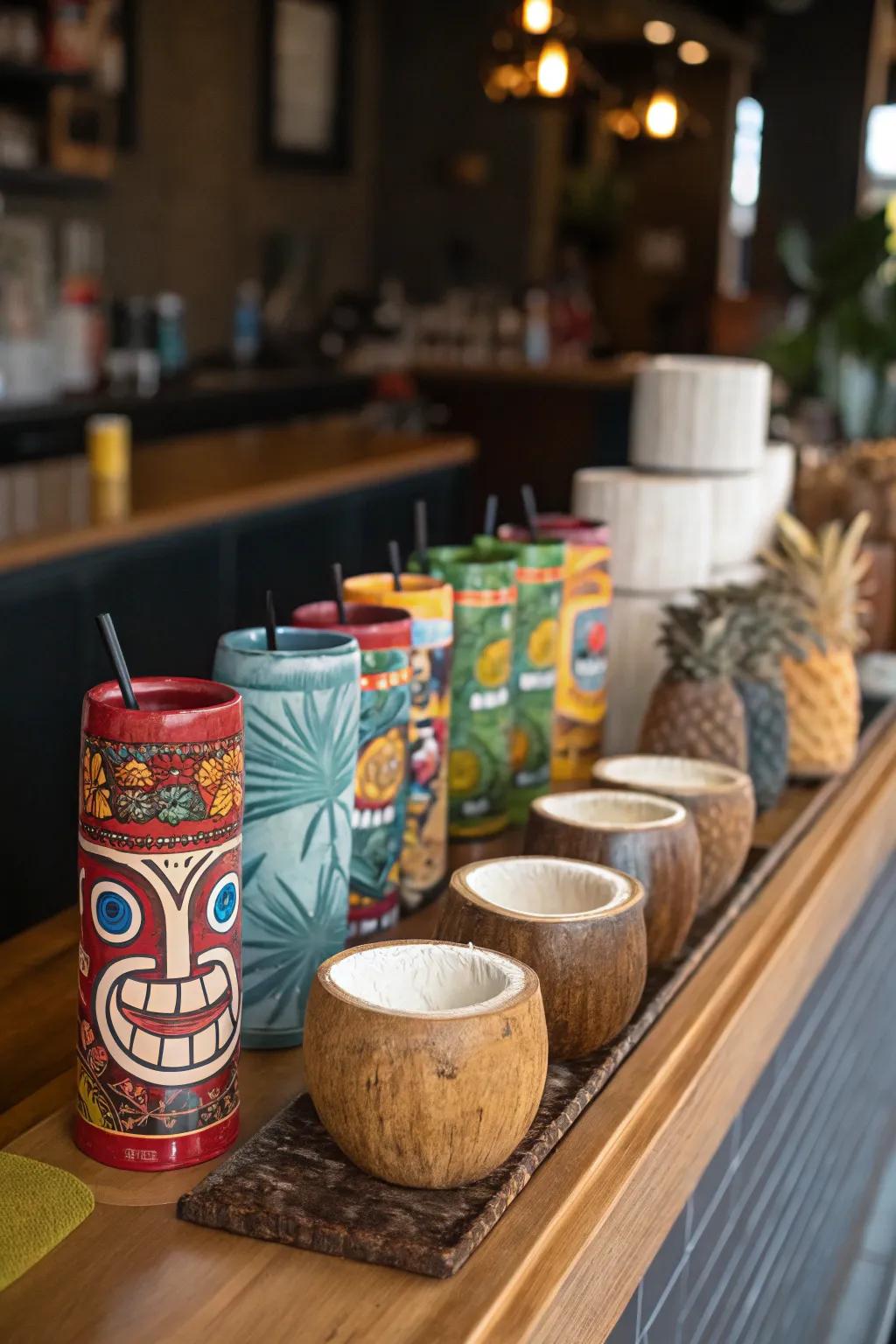 Tropical-themed drinkware enhancing cocktail presentation.