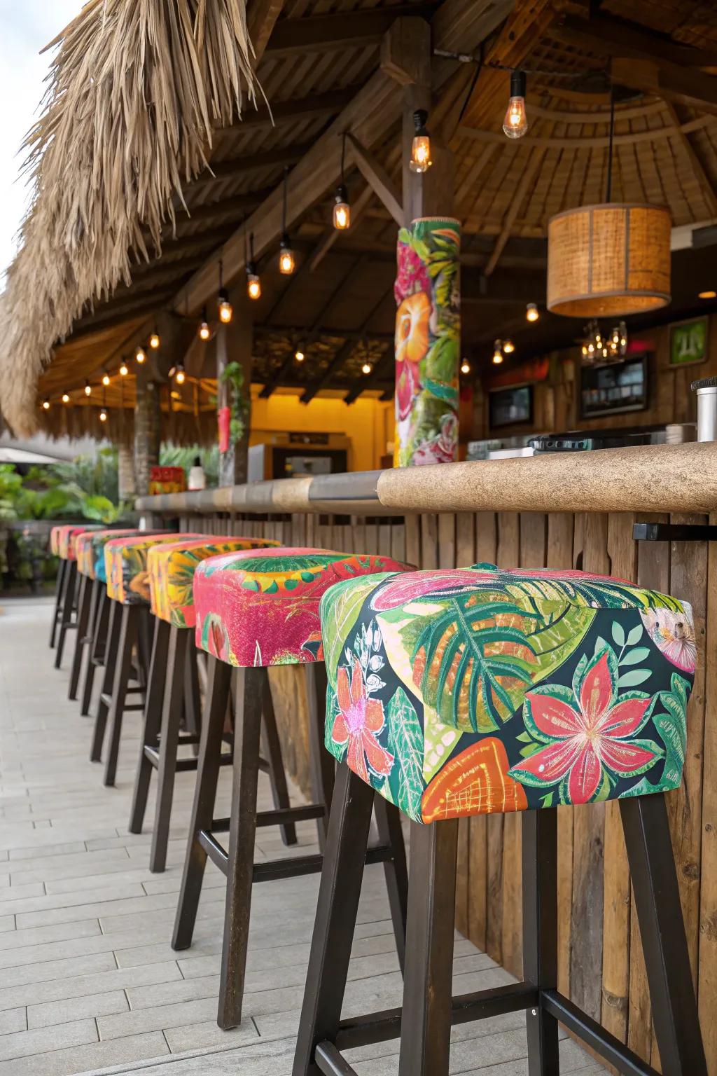 Vibrant bar stools adding energy to the tiki bar.