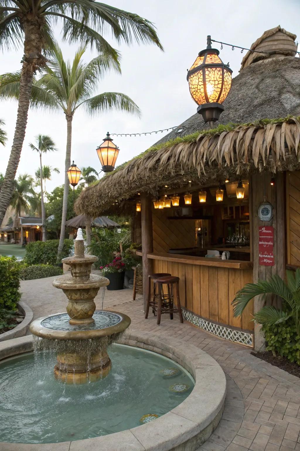 Water feature adding tranquility to the tiki bar.