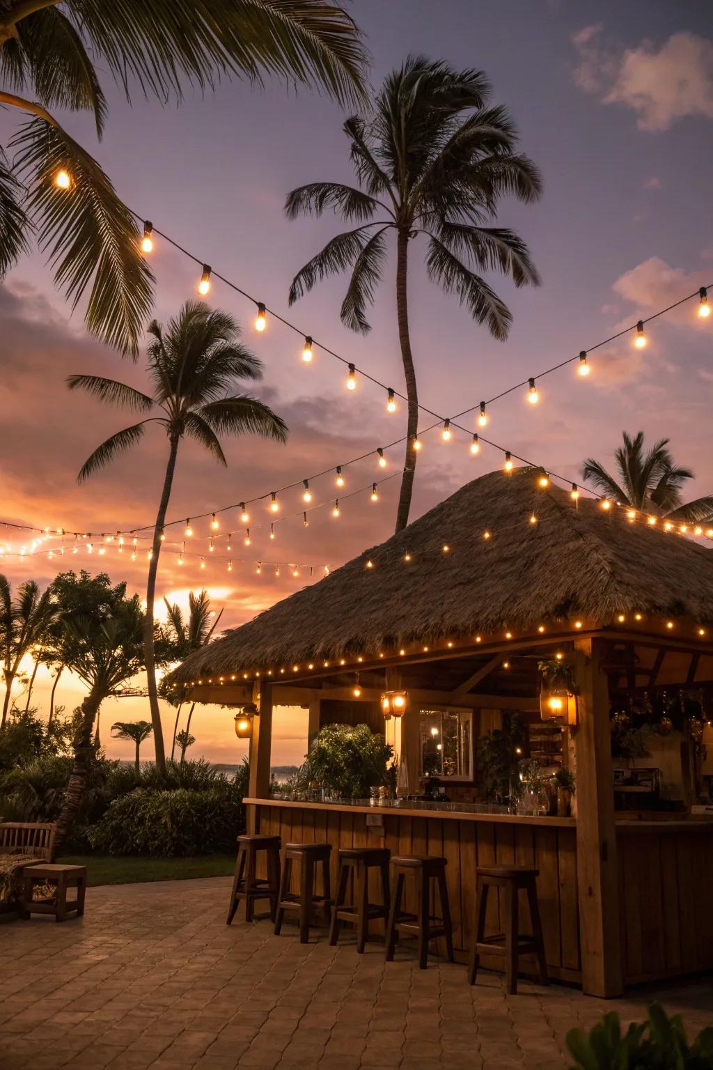 String lights creating a magical tiki bar atmosphere.