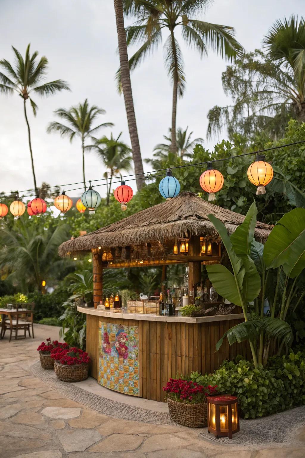 Tropical plants enhancing the tiki bar environment.