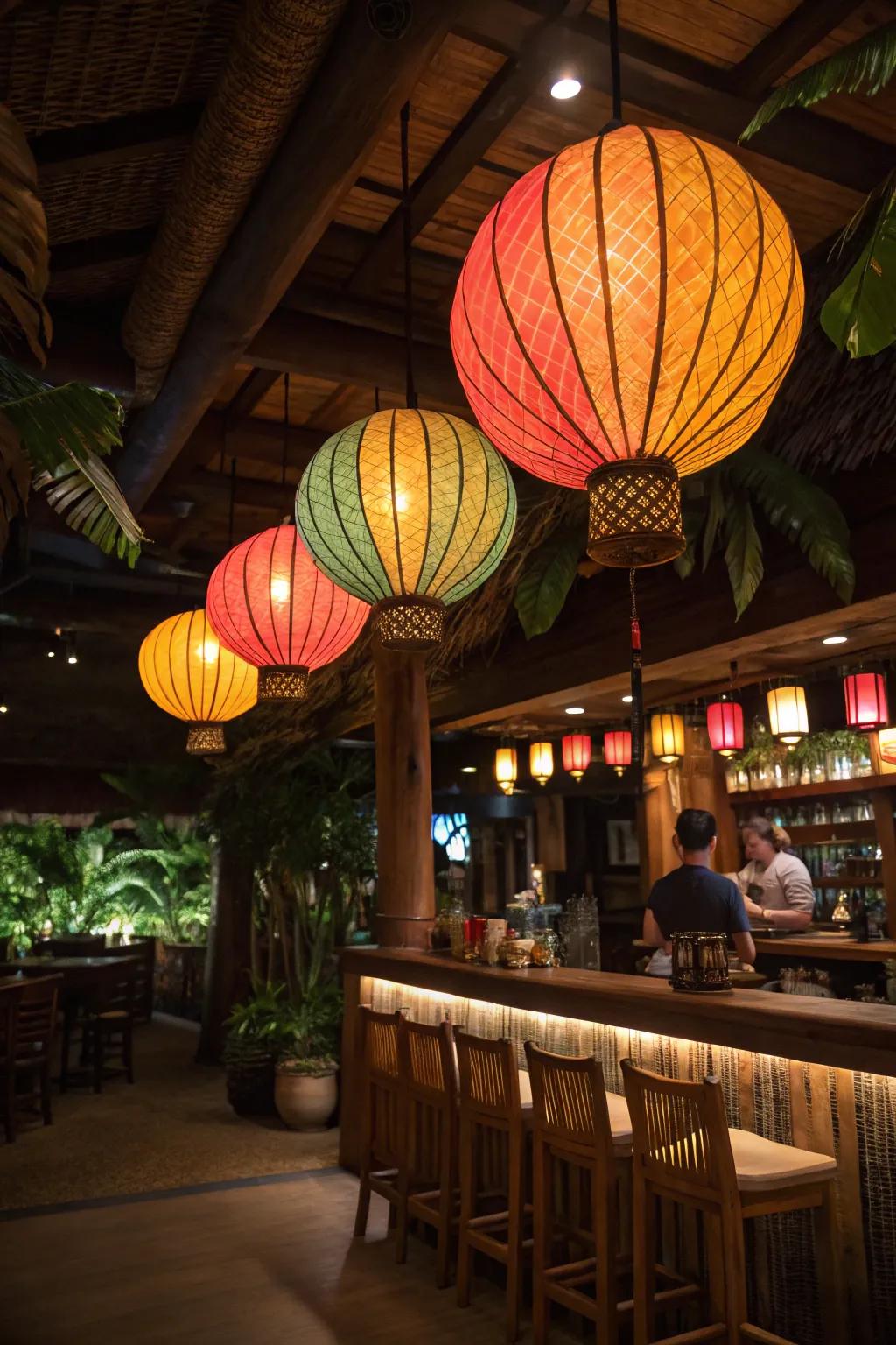 Tropical lanterns providing warm, colorful lighting.
