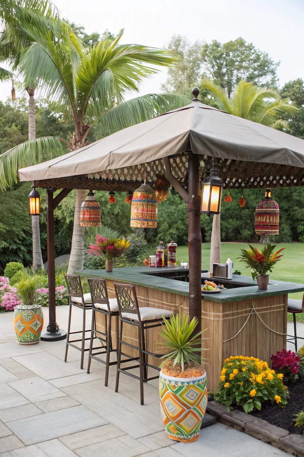 Outdoor garden tiki bar enhancing tropical atmosphere.