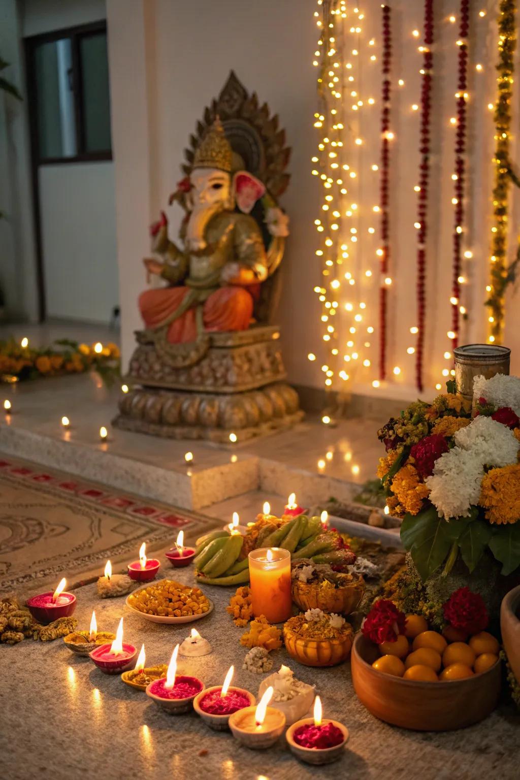 Candles and diyas casting a warm, inviting glow for Ganesh Chaturthi.