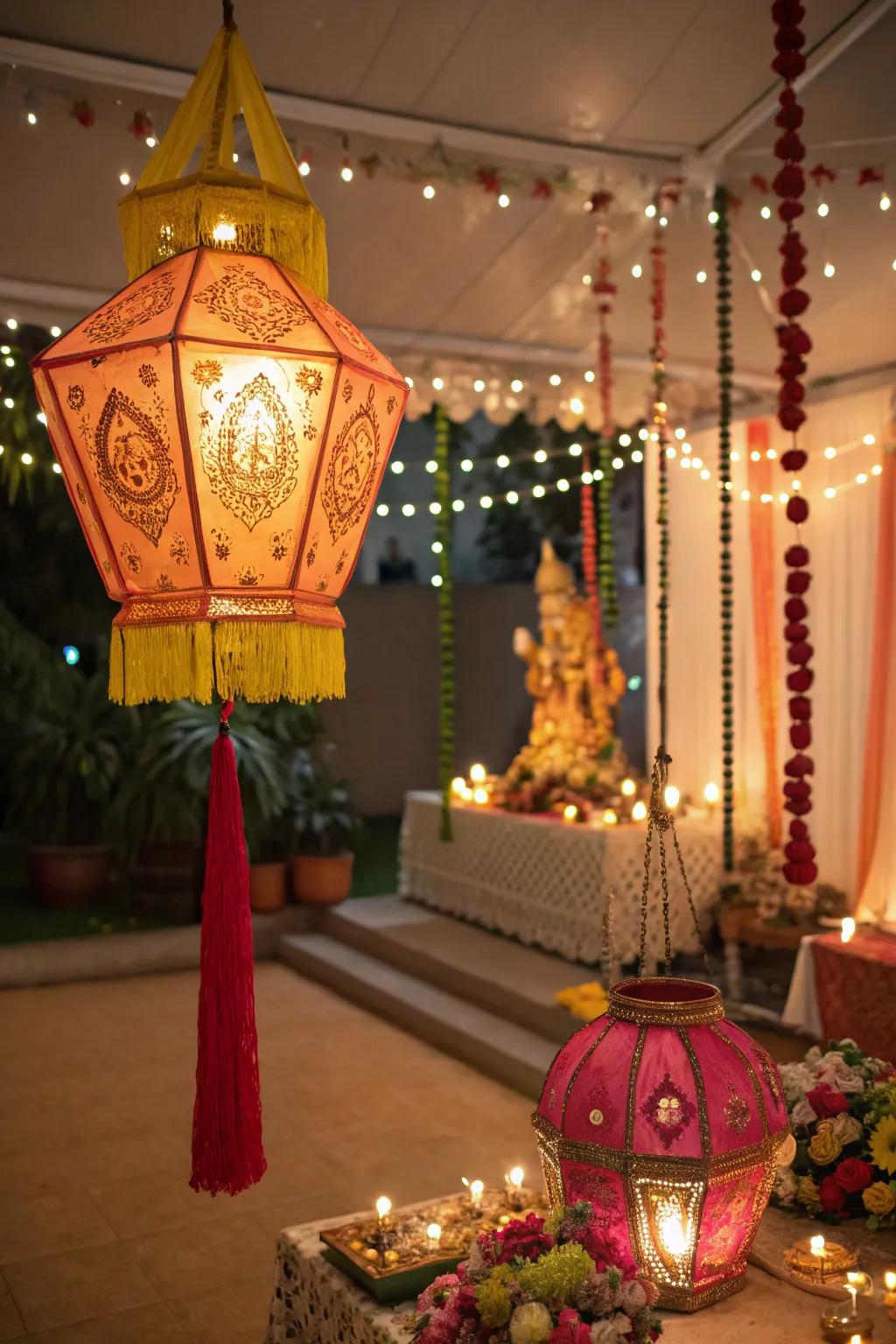 Lanterns and fairy lights creating a magical glow for Ganesh Chaturthi.