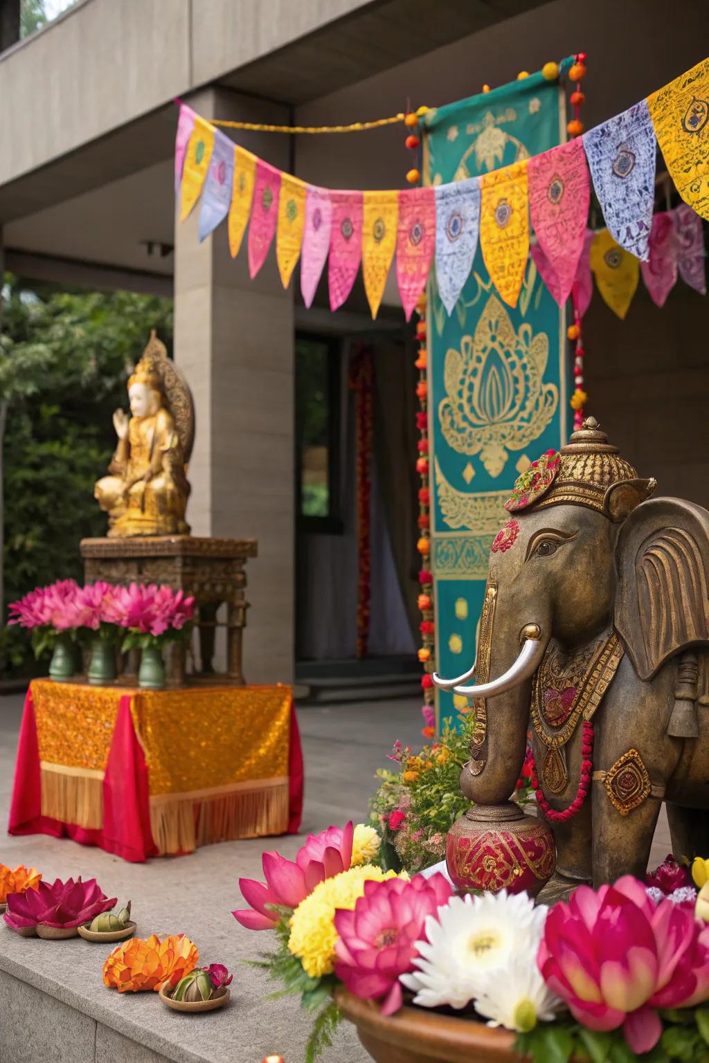Elephant and lotus motifs enriching the cultural essence of the festival decor.
