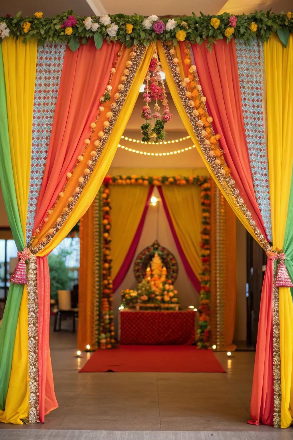 Luxurious, colorful drapes framing a Ganesh Chaturthi altar, enhancing the festive mood.