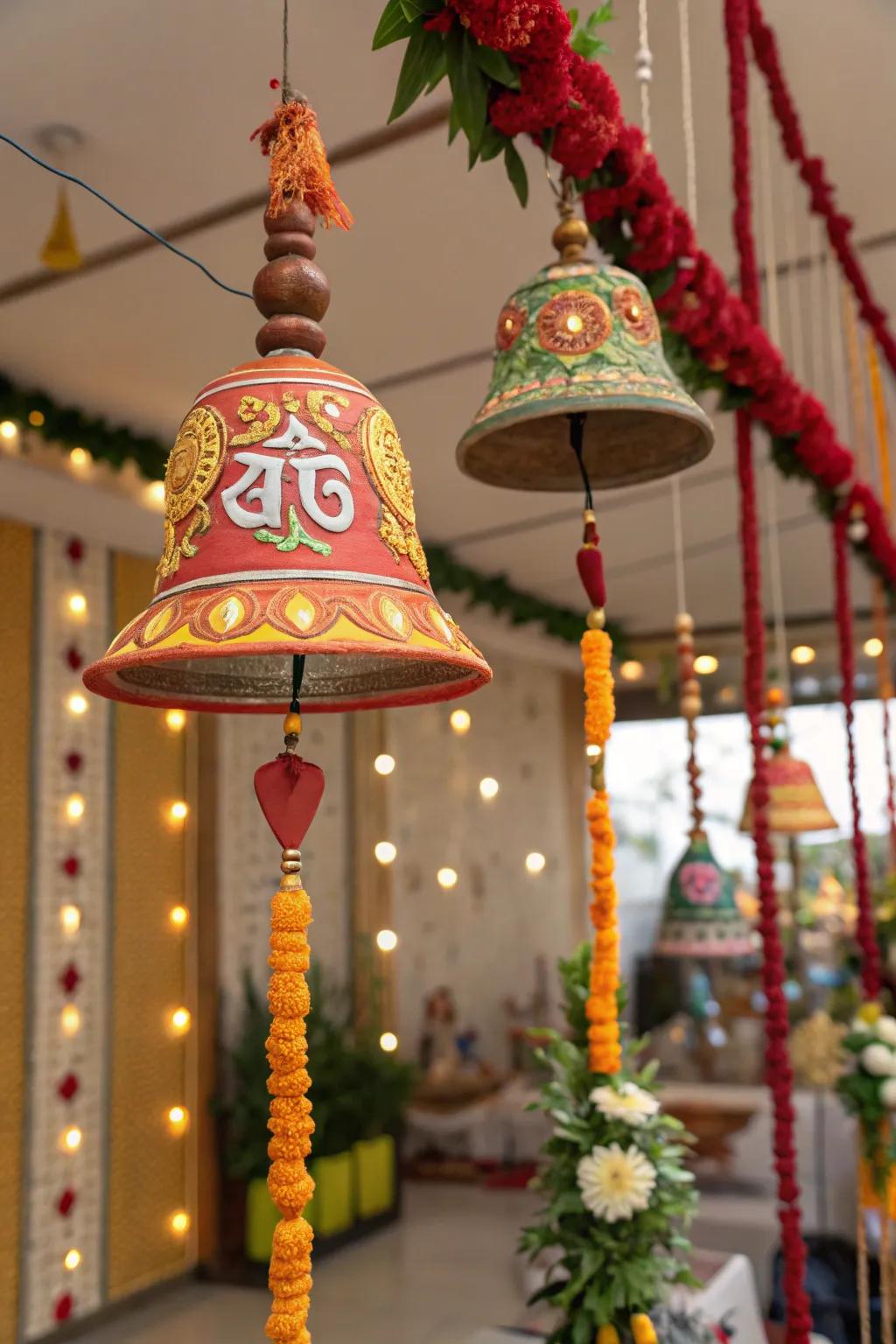 Hanging bells and wind chimes adding a peaceful auditory element to the festival decor.