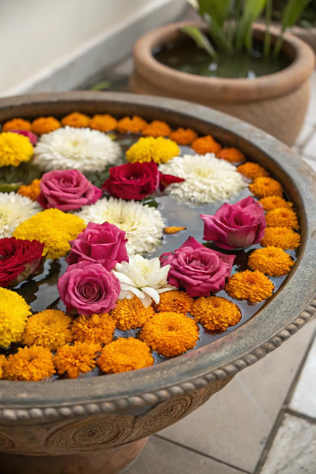 Peaceful floating flowers in a decorative bowl, perfect for a festival centerpiece.