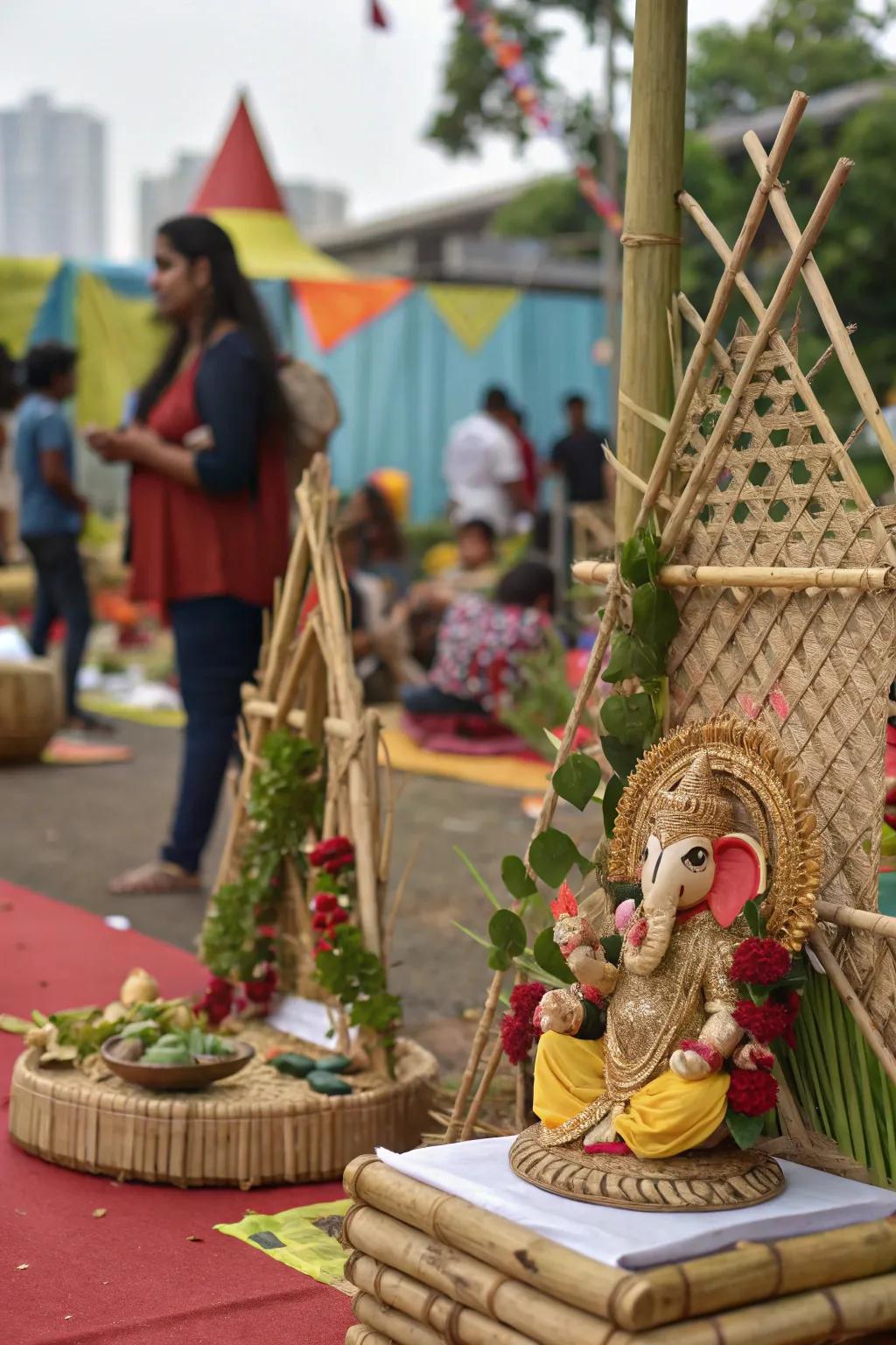 Sustainable Ganesh Chaturthi decor using bamboo and recycled materials.