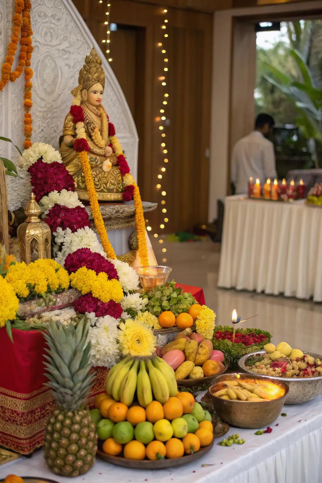 Vibrant fruits and flowers adorning the Ganesh Chaturthi altar, creating a feast for the senses.