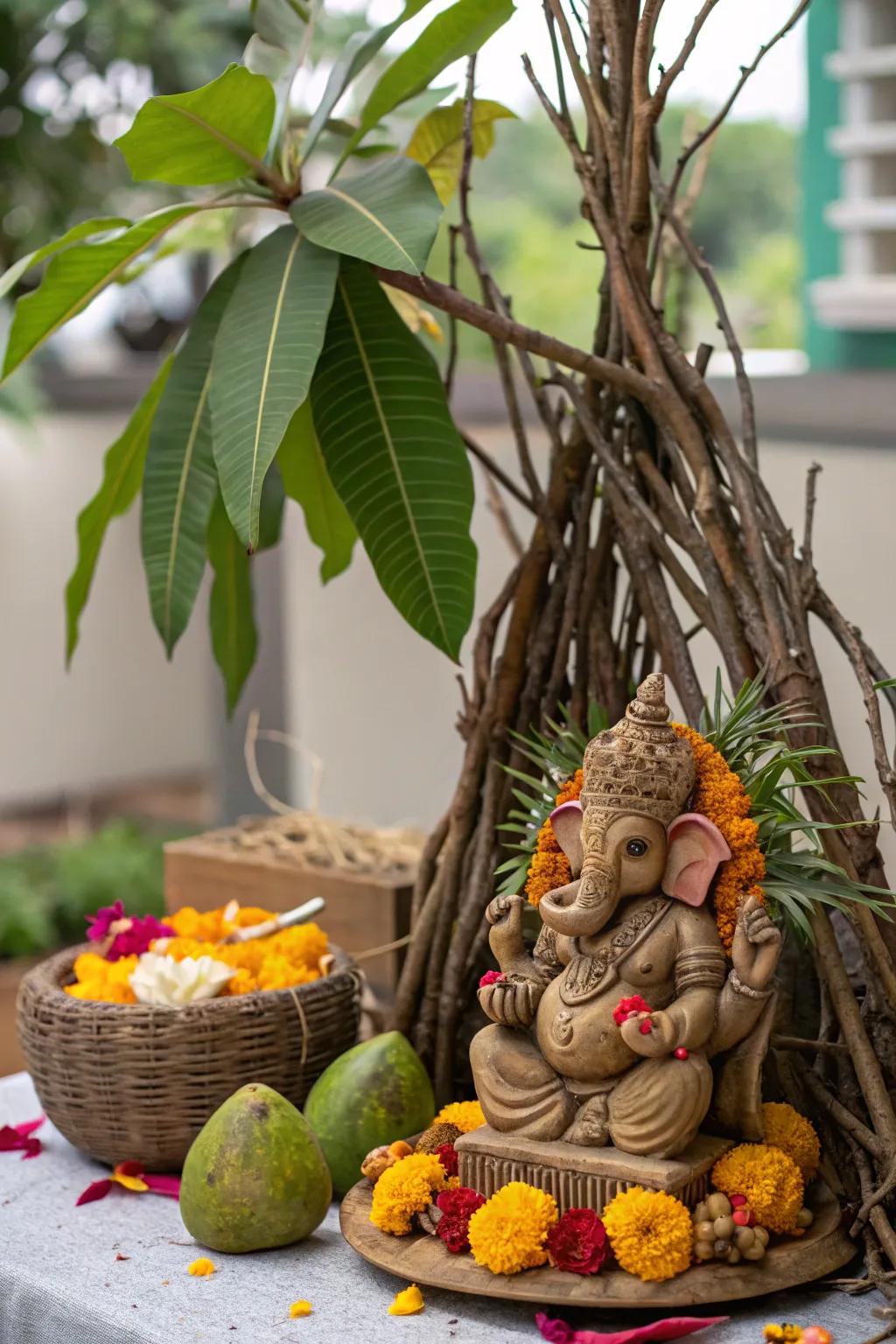 Rustic natural elements like branches and twigs adding texture to the festival decor.