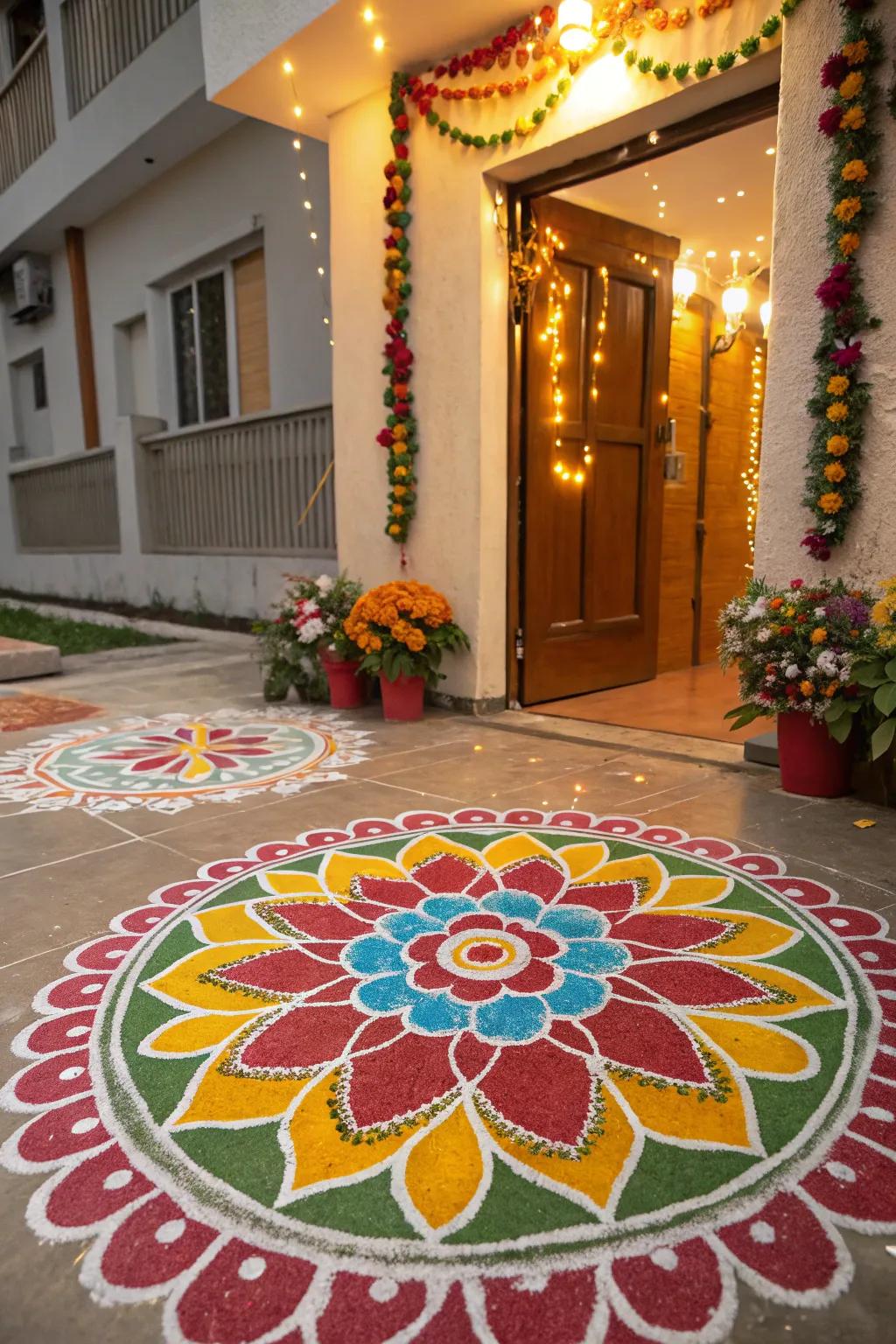 Colorful rangoli design at the entrance, setting a festive and inviting tone.