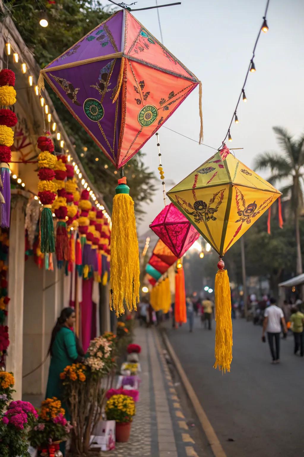 Cheerful and colorful kites adding a playful element to Ganesh Chaturthi decor.