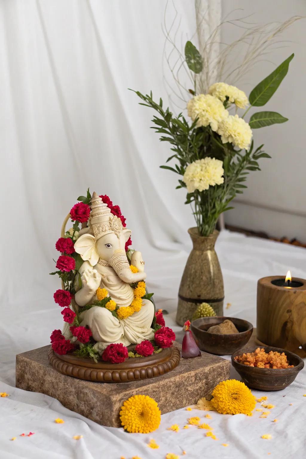 Simple yet elegant Ganesh idol with minimal floral accents, exuding calm sophistication.