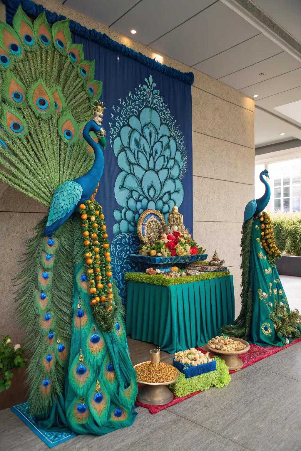 Peacock-inspired decor featuring harmonious blue and green hues for a unified festival setup.