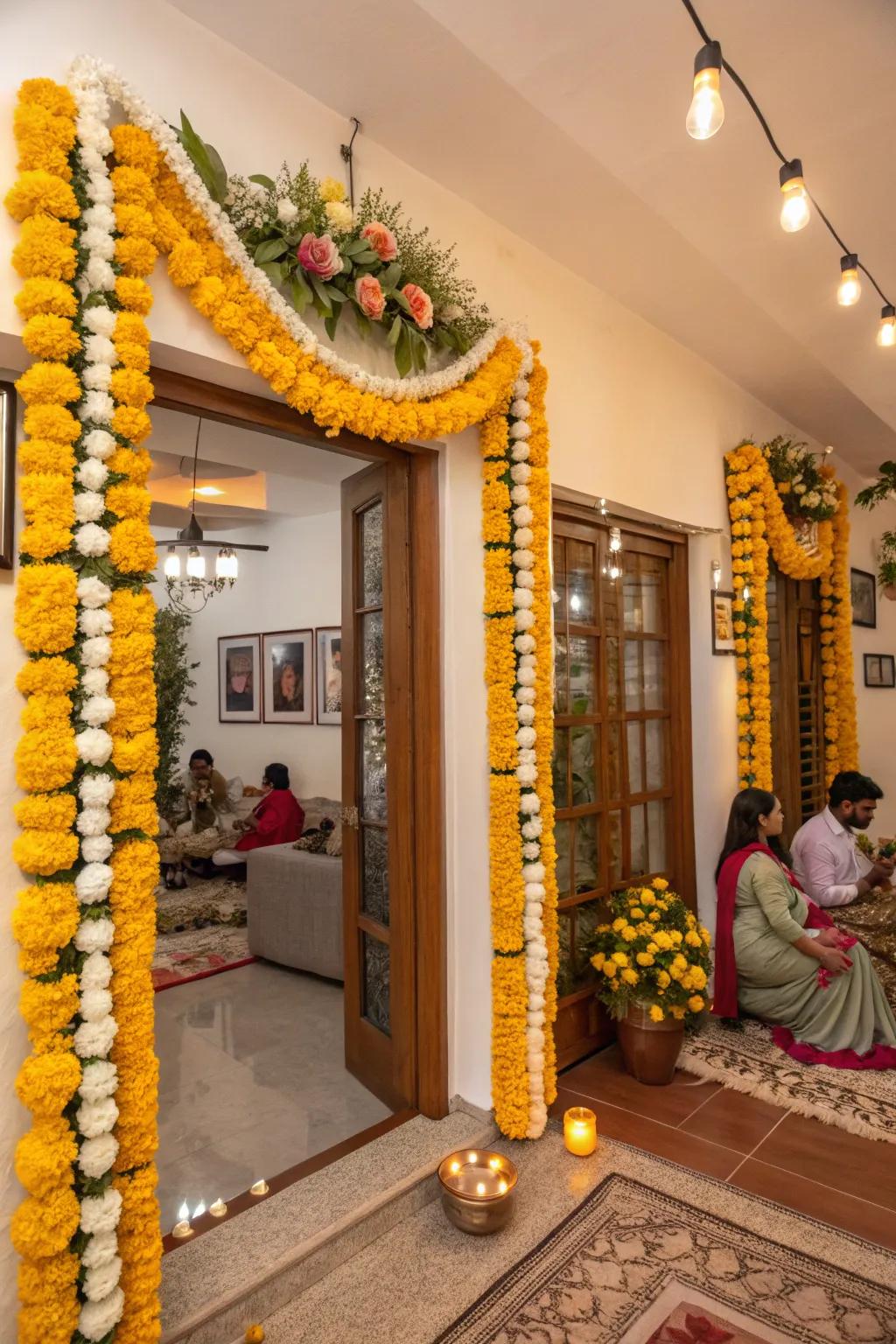 Homes adorned with marigold and jasmine garlands, enhancing the festive Ganesh Chaturthi spirit.