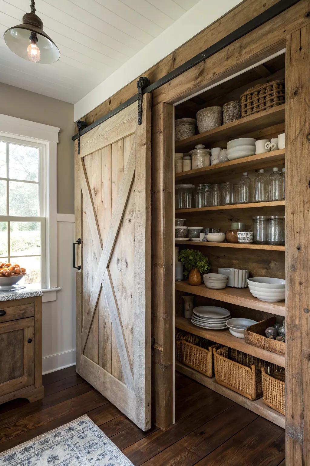 A stylish sliding barn door adds charm and saves space.