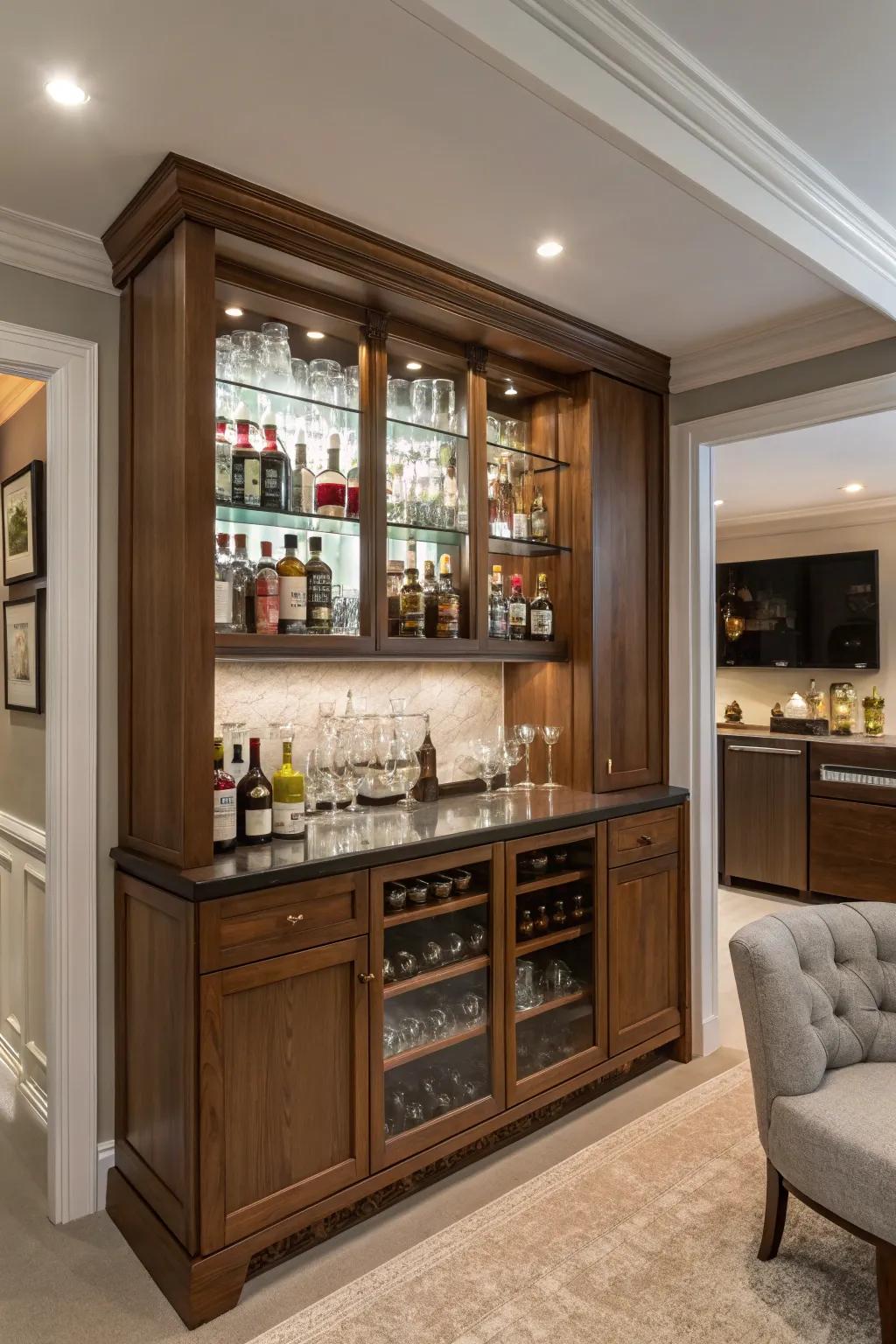 A discreet bar area adds charm and utility.