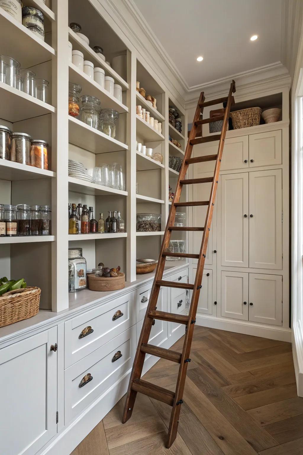 A rolling ladder adds charm and functionality to high shelves.