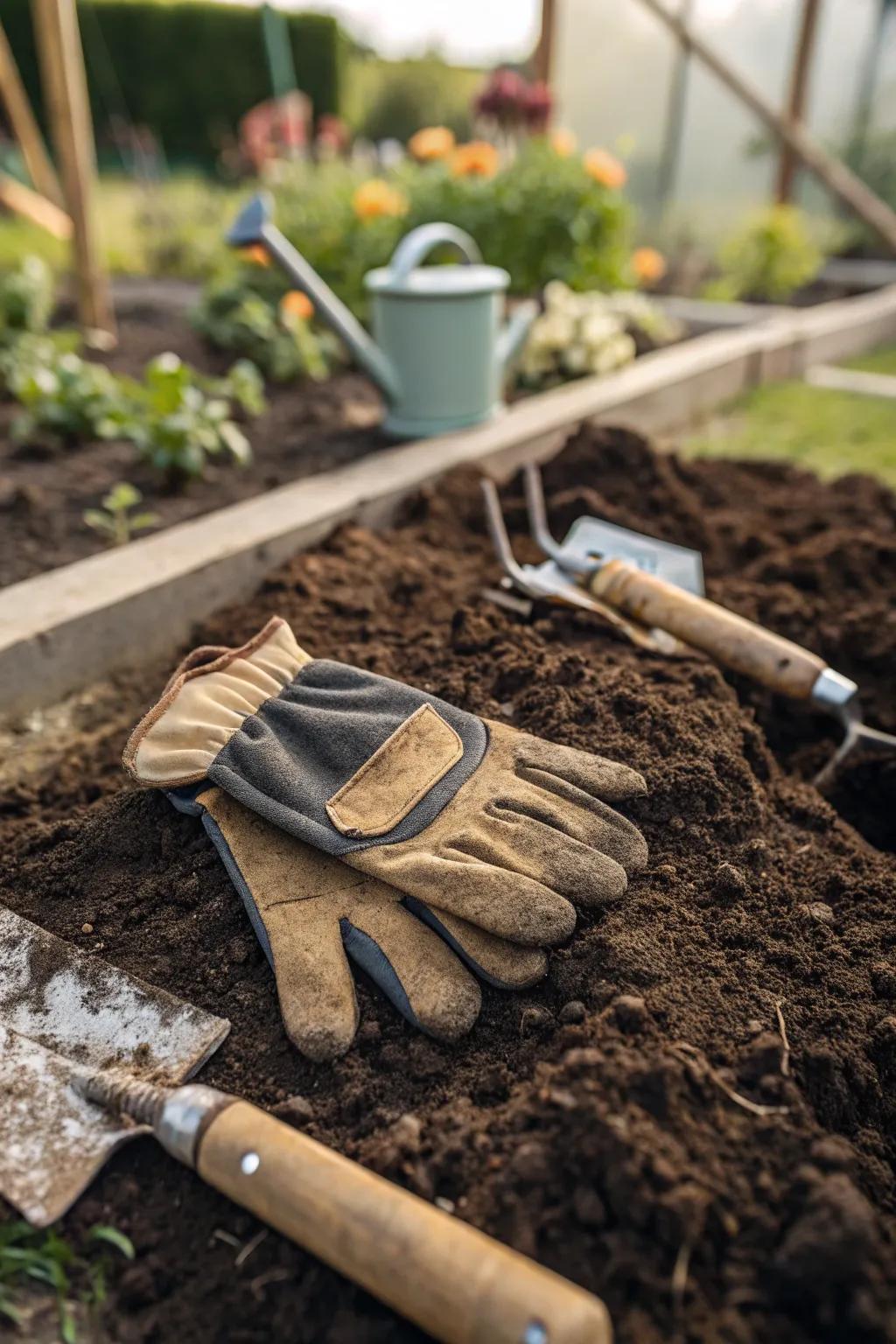 Durable gloves to protect hands during gardening.