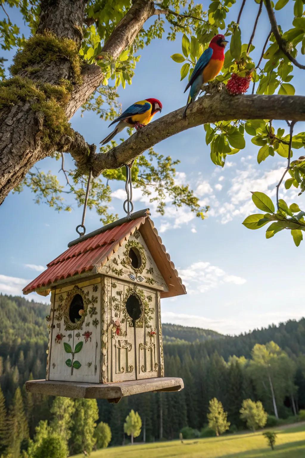 Invite birds to your garden with decorative feeders and houses.