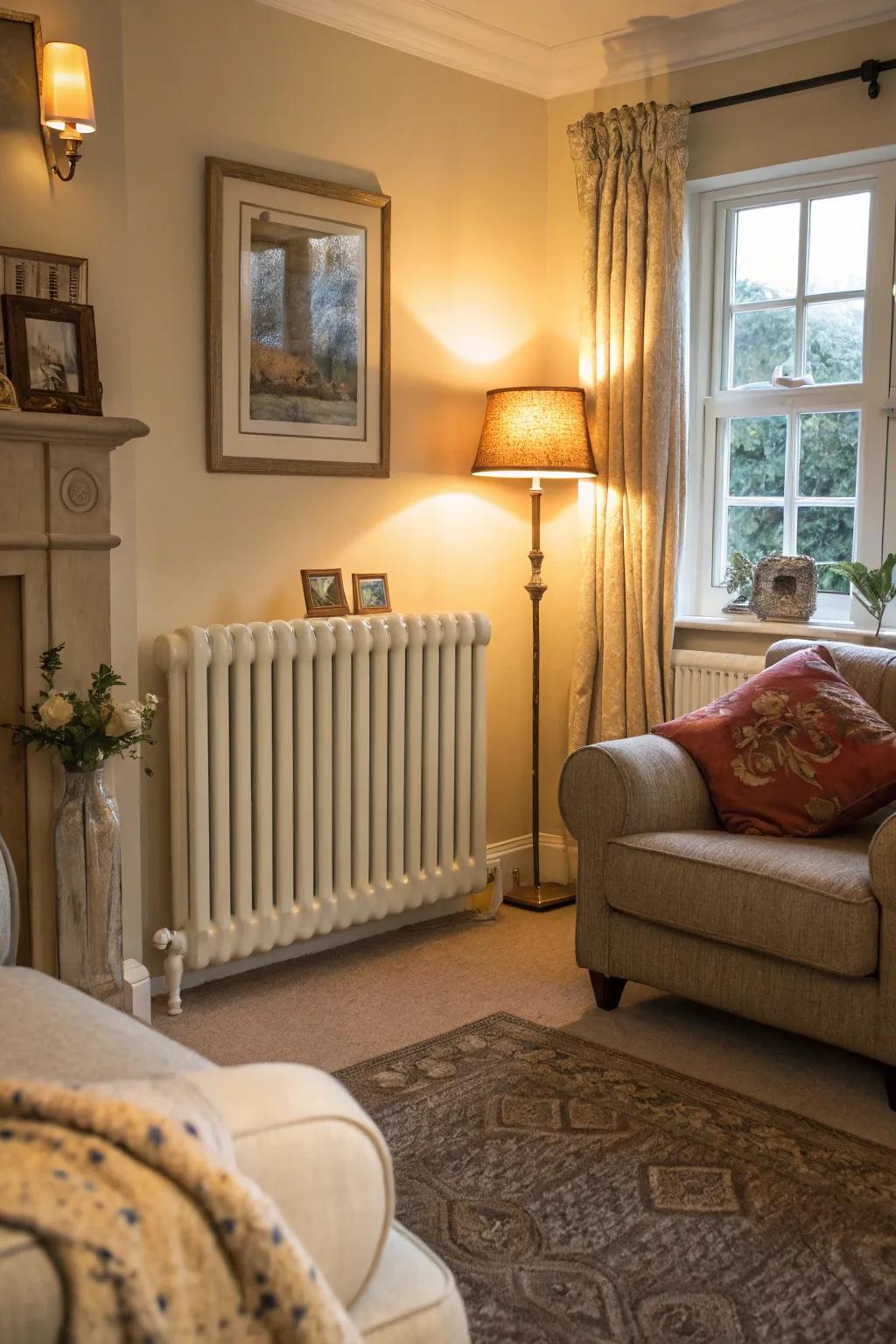 Cream-colored radiators create a cozy atmosphere.