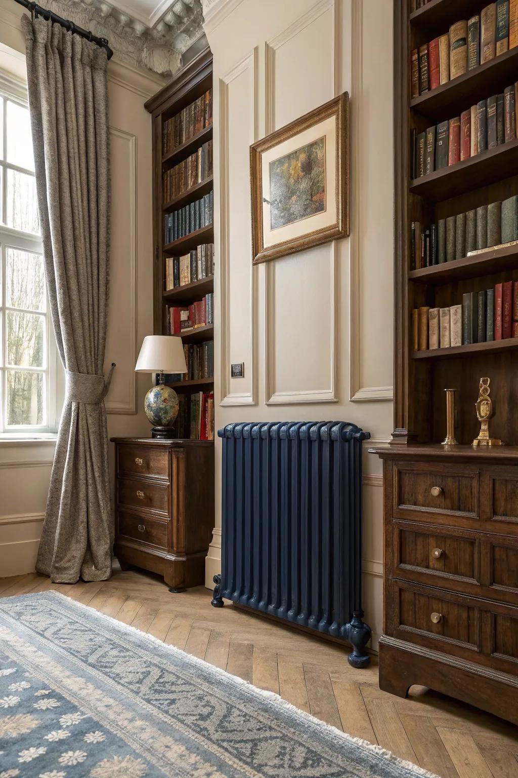 Navy blue radiators exude classic sophistication.