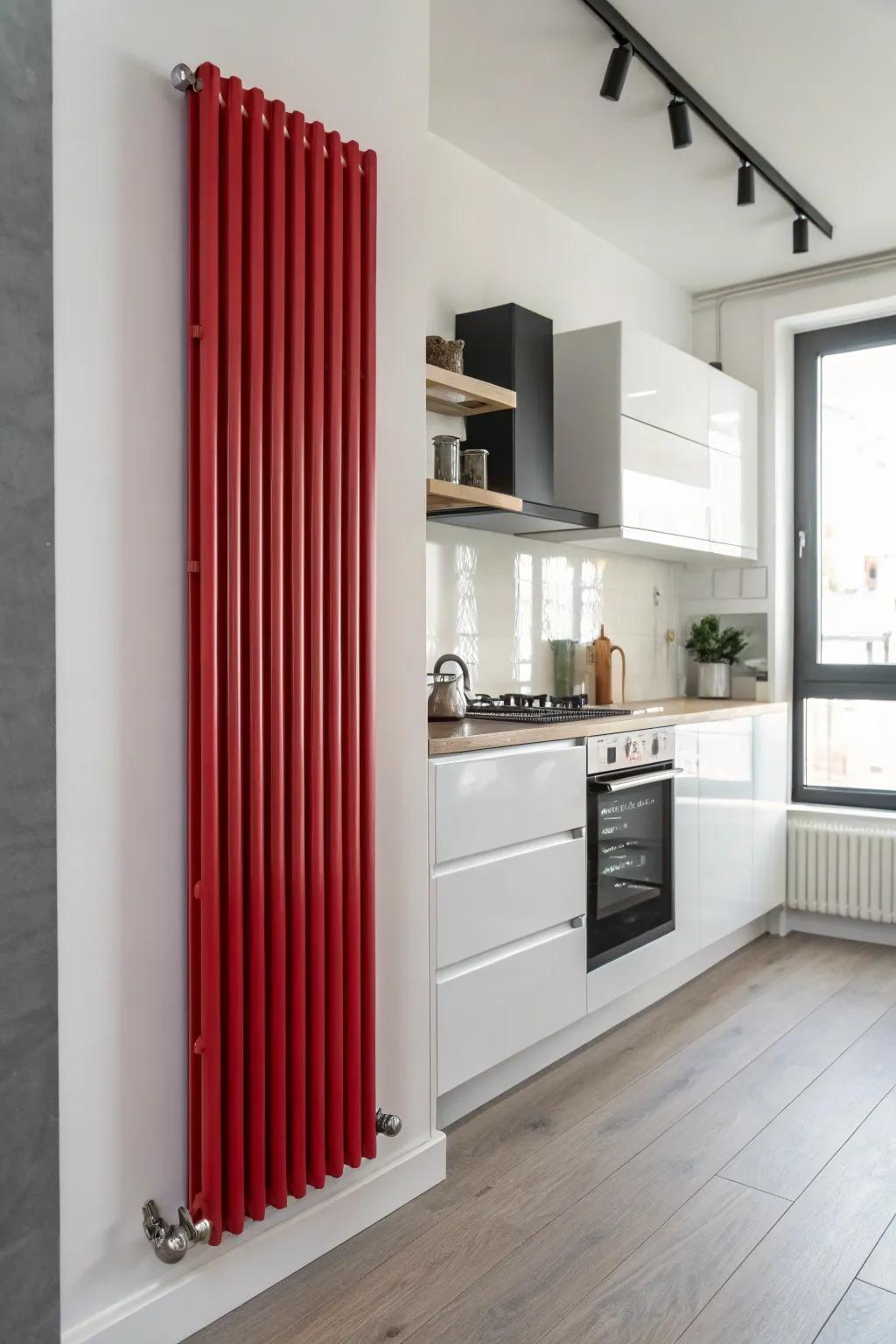 Bright red radiators energize neutral spaces.