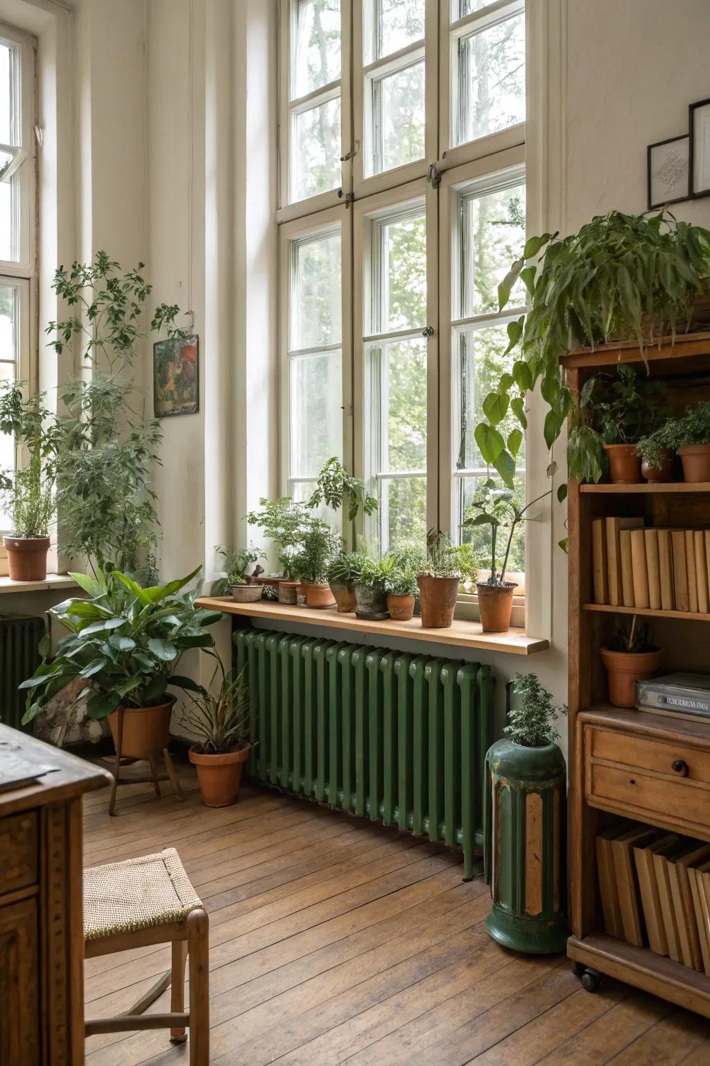 Forest green radiators evoke calm and nature.