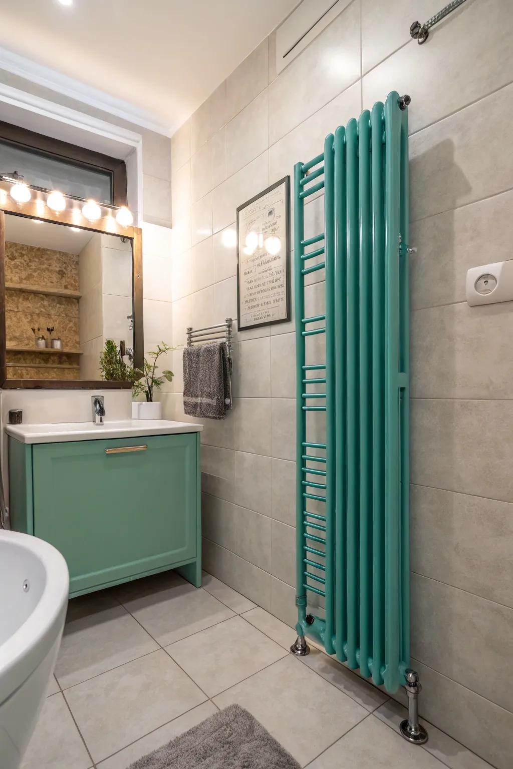 Teal radiators create a serene environment.
