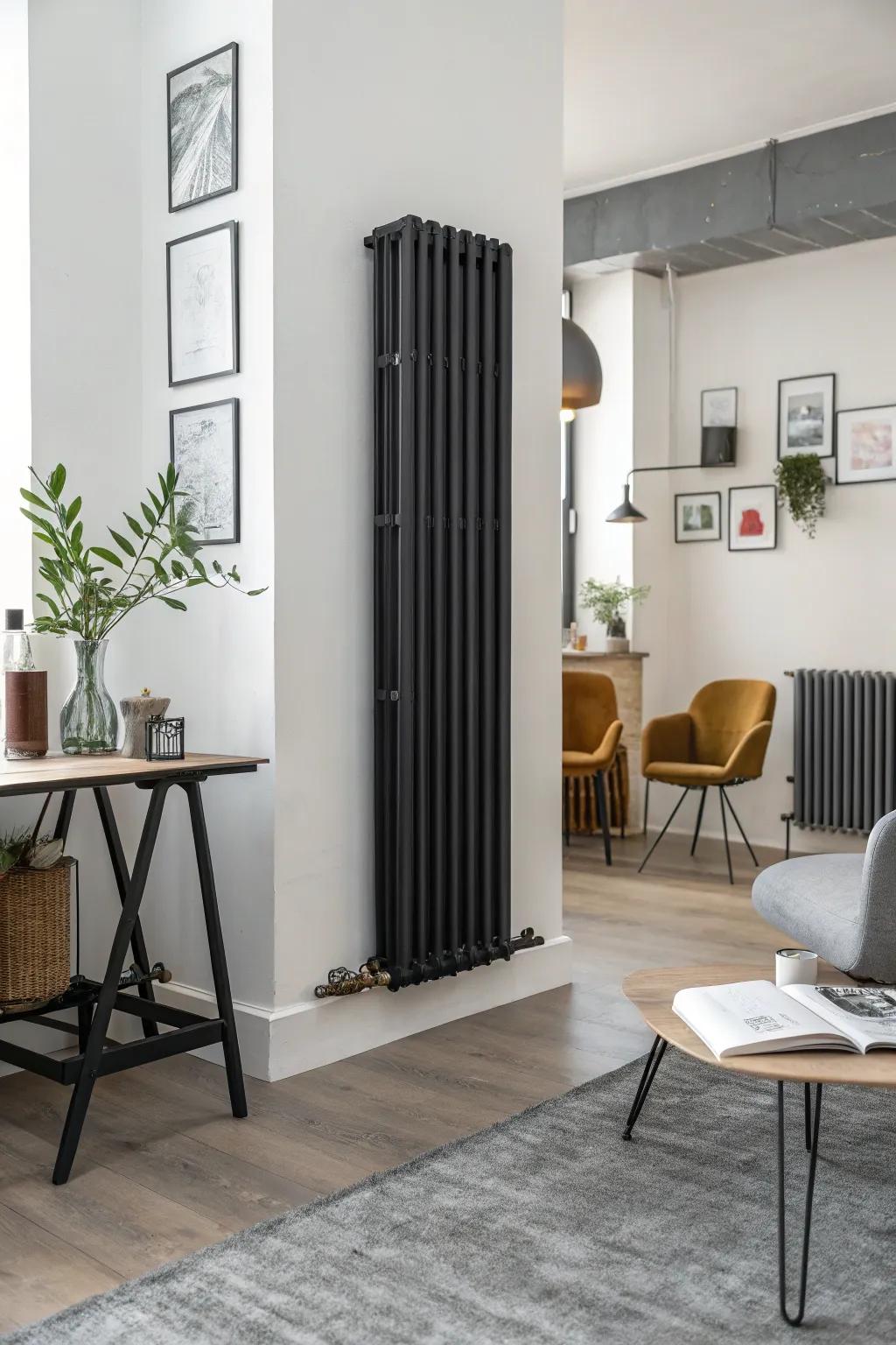 Matte black radiators exude contemporary sophistication.