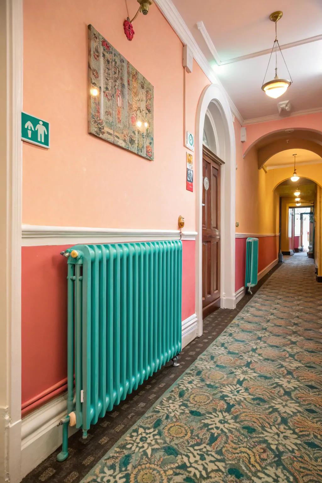 Turquoise radiators add a lively splash of color.