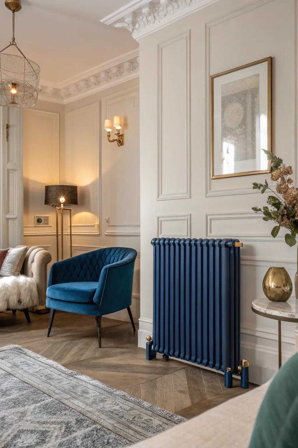 Deep blue radiators add dramatic depth.