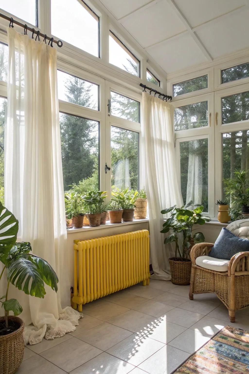 Yellow radiators bring warmth and cheer.