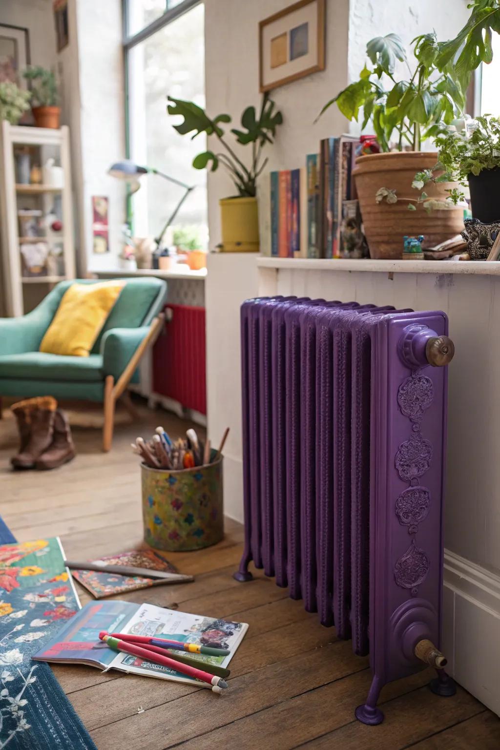 Purple radiators add a regal ambiance.
