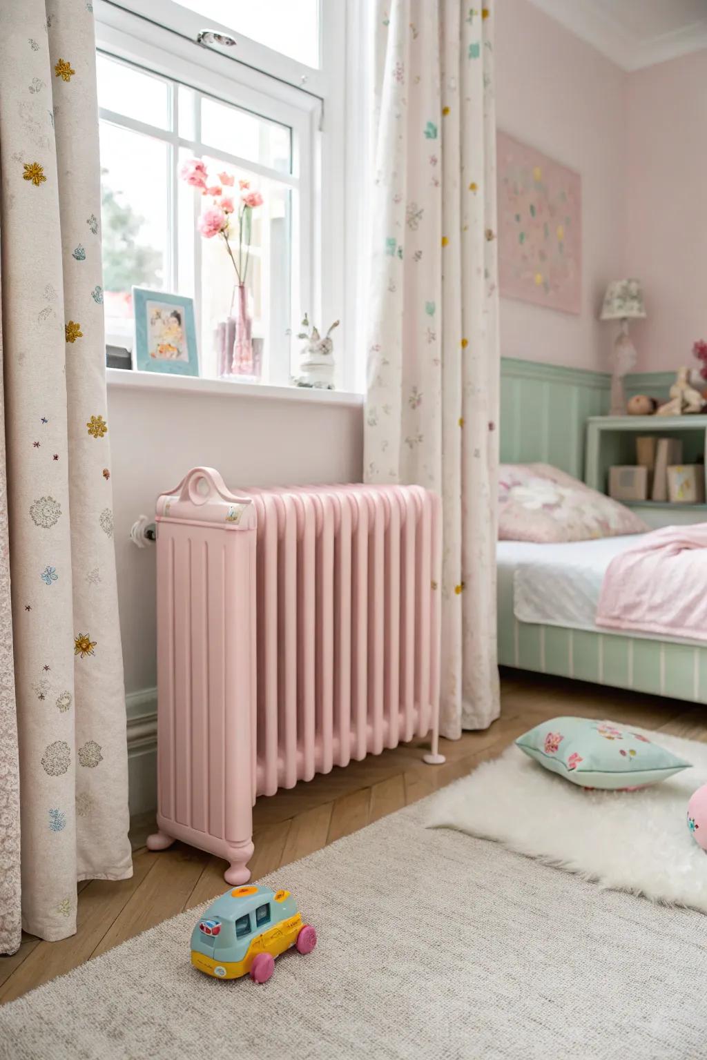 Pastel pink radiators add gentle charm.