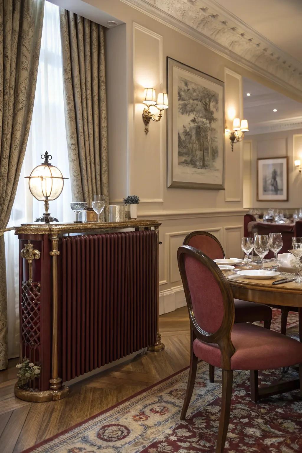 Burgundy radiators add rich sophistication.