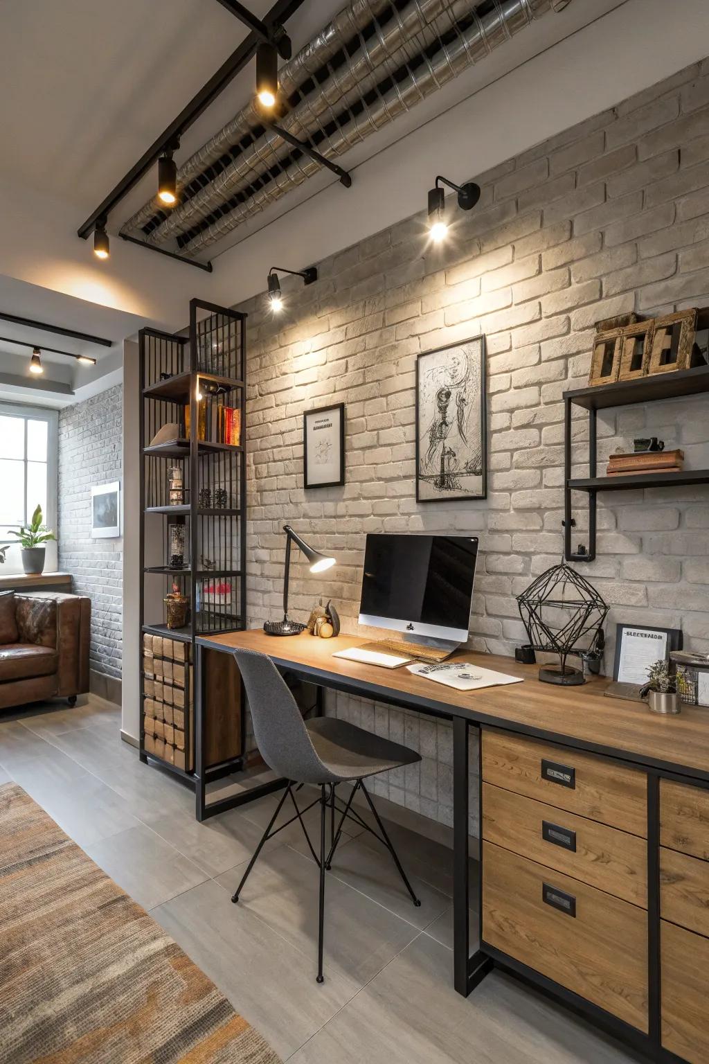 Sleek industrial-style home office with LED lighting