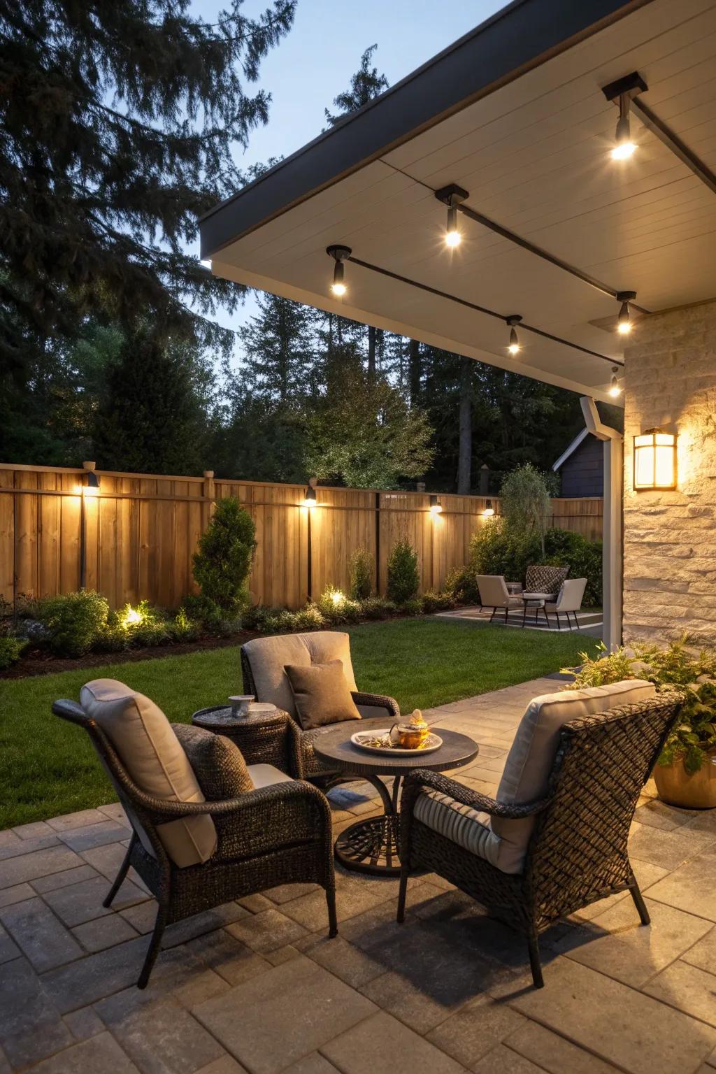 Outdoor patio lit with industrial LED panel lights
