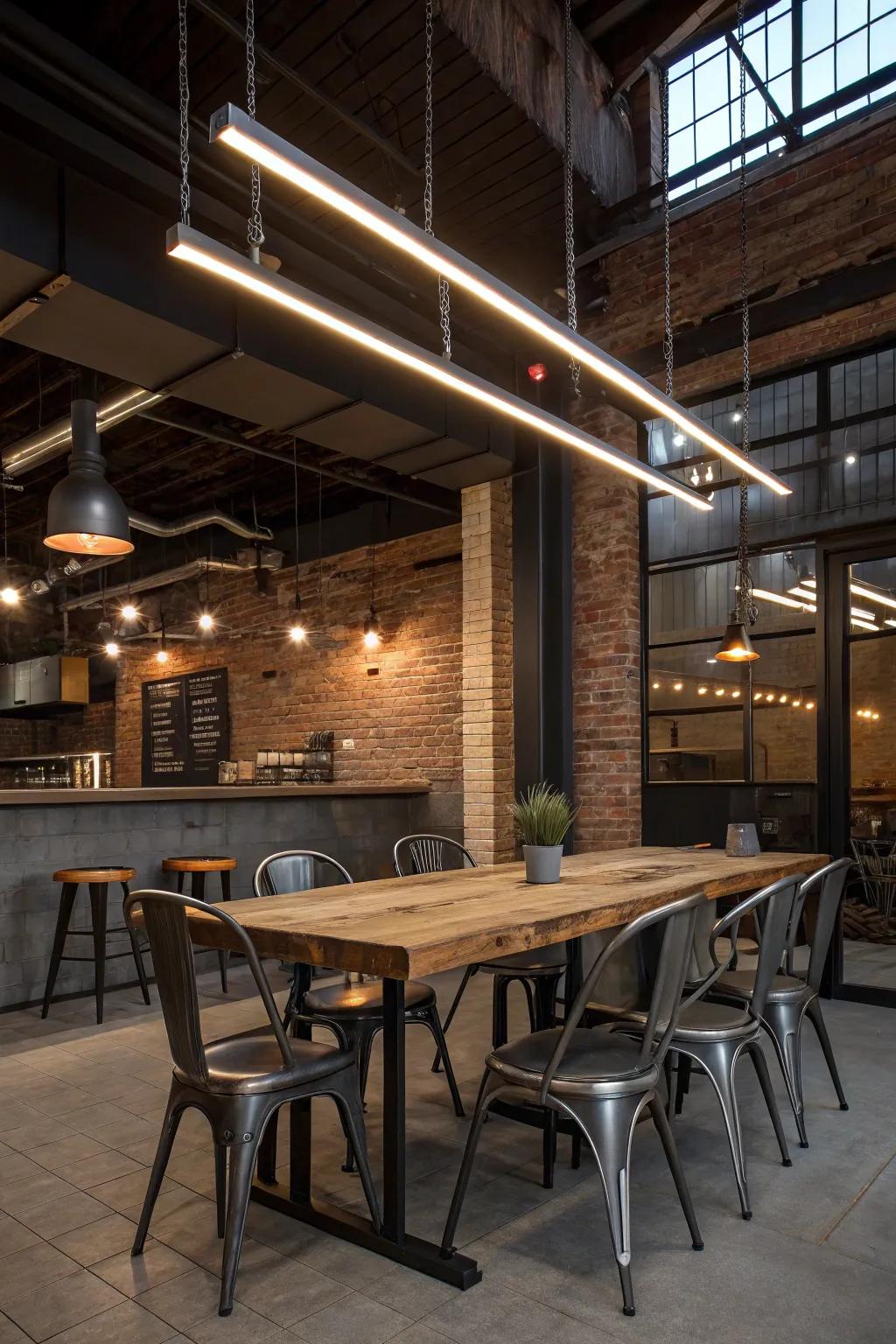 Industrial-style dining nook with linear LED lighting