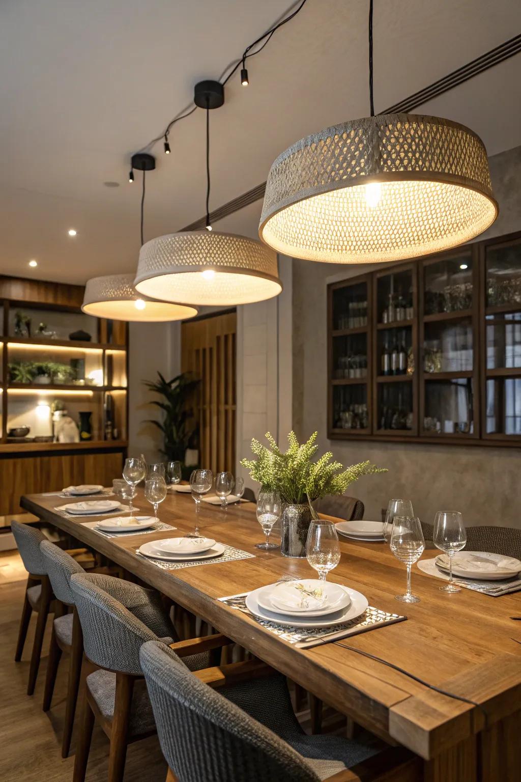 Sophisticated dining room with vaulted industrial lighting