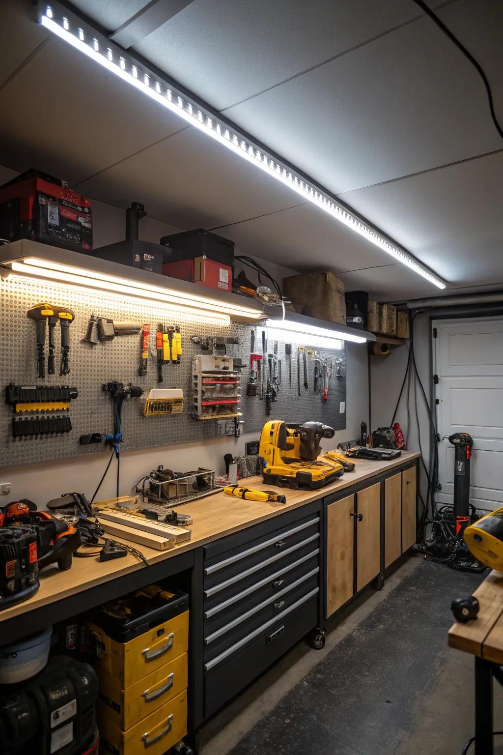 Well-lit garage workshop with LED strip lighting