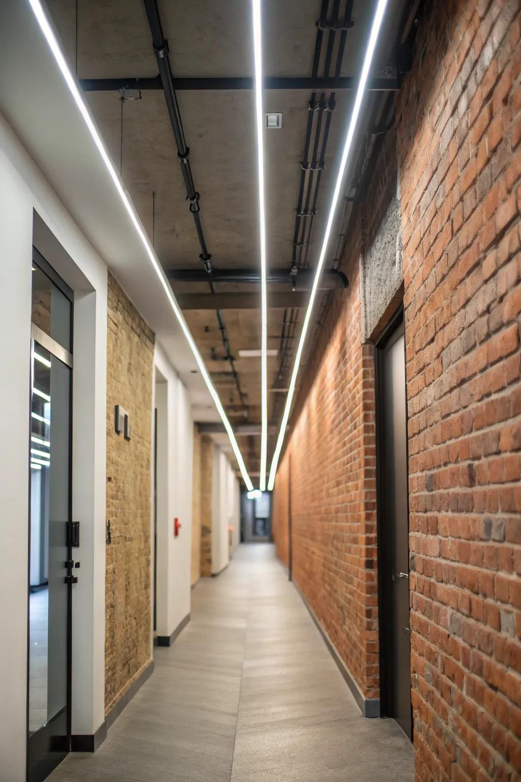 Hallway with sleek linear LED lighting in loft style