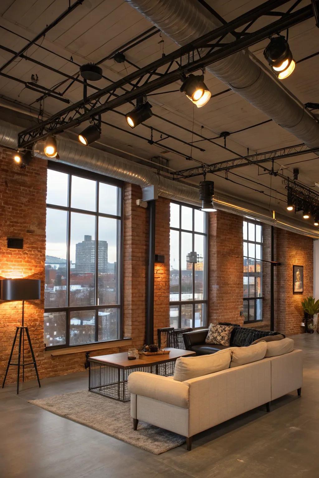 Factory-style lounge with dramatic LED projector lighting