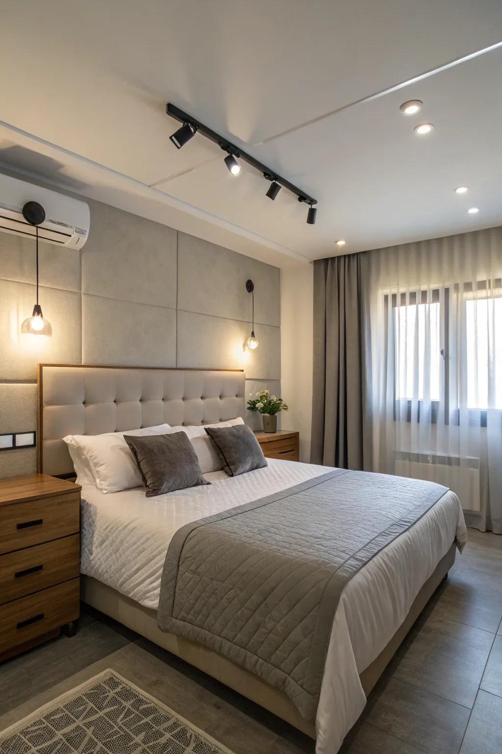 Cozy bedroom with industrial LED panel lighting